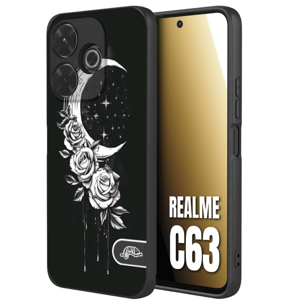 CUSTOMIZZA - Custodia cover nera morbida in tpu compatibile per Realme C63 luna e fiori moon flowers black and white bianco a rilievo disegnato
