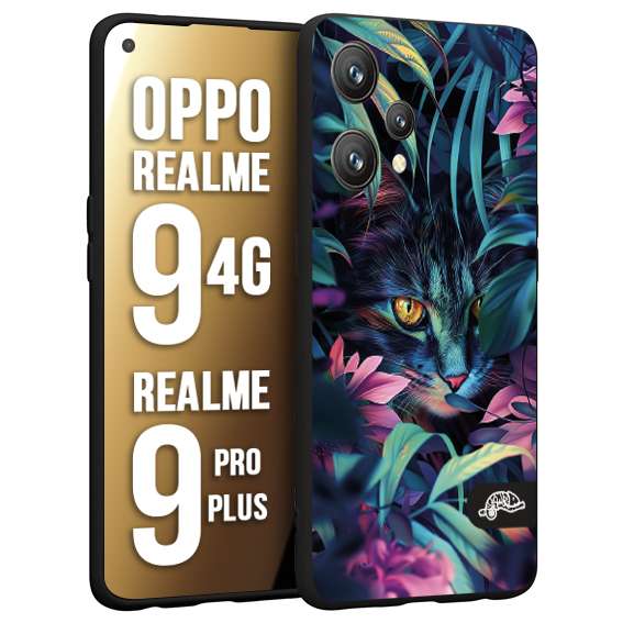 CUSTOMIZZA - Custodia cover nera morbida in tpu compatibile per Realme 9 4G - 9 PRO PLUS animali color giungla tropicale occhio di gatto colori vibranti disegnato