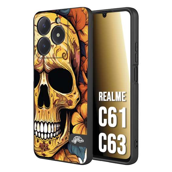 CUSTOMIZZA - Custodia cover nera morbida in tpu compatibile per Realme C61 - C63 teschio messicano colorato dorato fiori autunnali disegnato