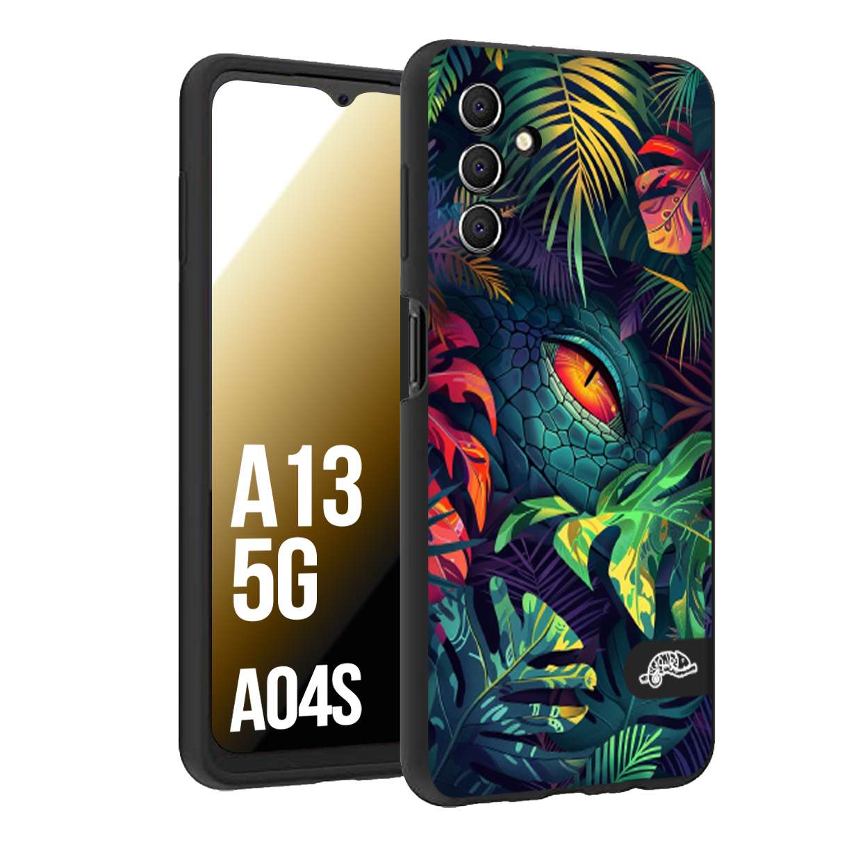 CUSTOMIZZA - Custodia cover nera morbida in tpu compatibile per Samsung A04S - A13 5G animali color giungla tropicale occhio di coccodrillo alligatore disegnato