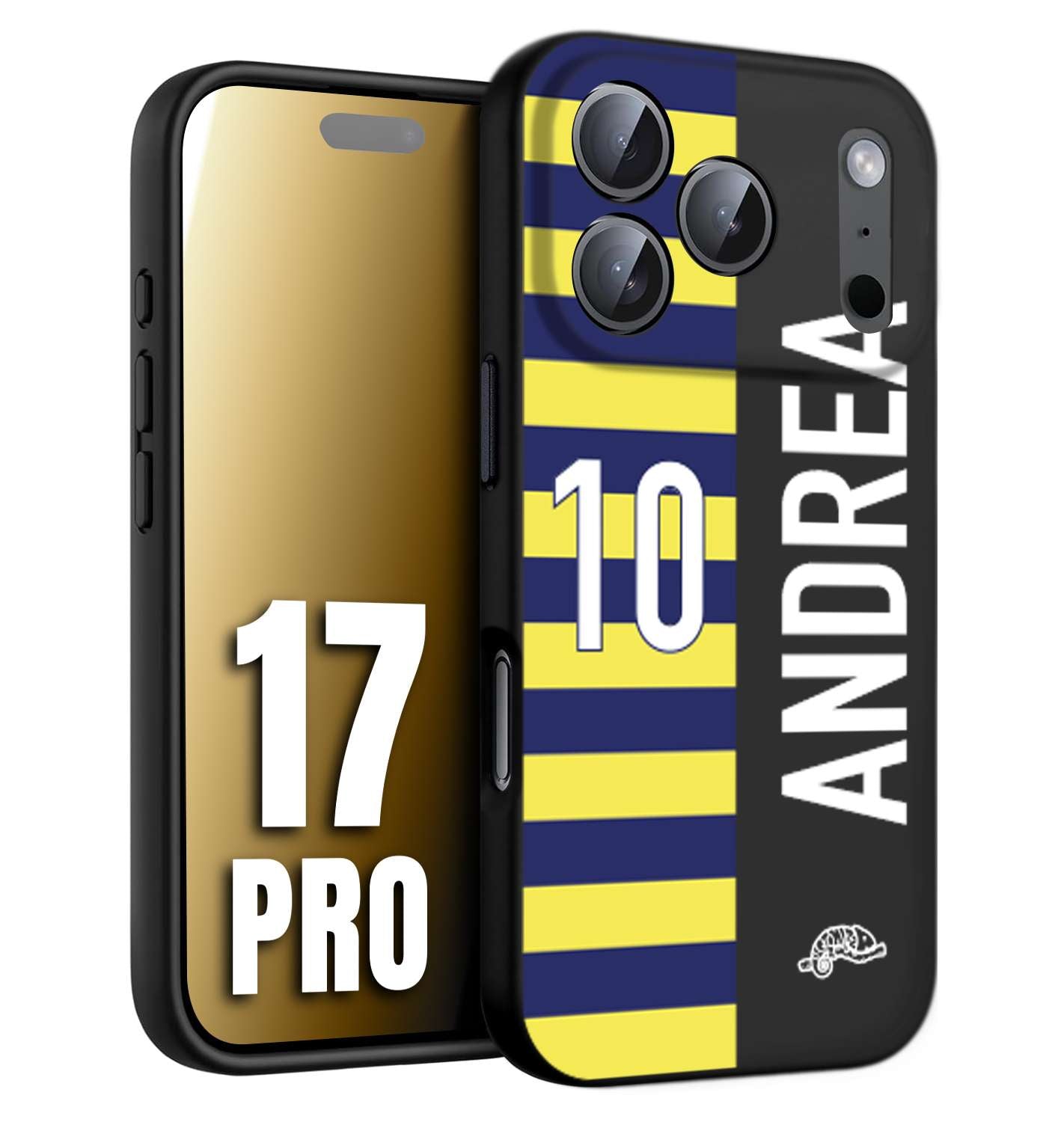 CUSTOMIZZA - Custodia cover nera morbida in tpu compatibile per iPhone 17 PRO personalizzata calcio football nome e numero calciatori giallo blu