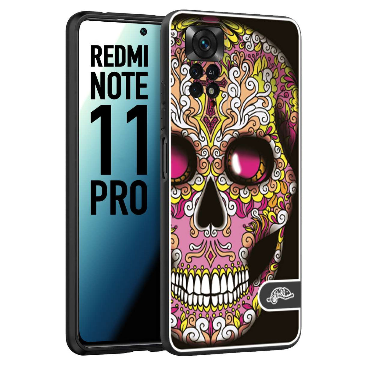 CUSTOMIZZA - Custodia cover nera morbida in tpu compatibile per Xiaomi Redmi Note 11 PRO teschio messicano Mexican skull rosa gialla