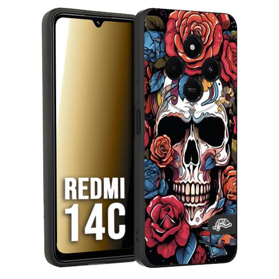 CUSTOMIZZA - Custodia cover nera morbida in tpu compatibile per Xiaomi Redmi 14C teschio skull flowers fiori rose rosse tattoo disegnato