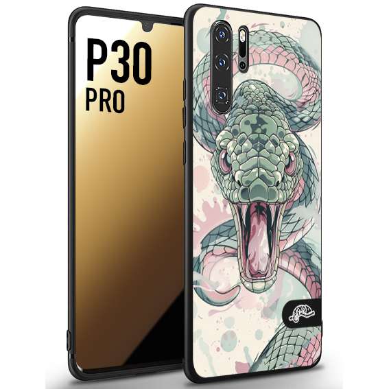 CUSTOMIZZA - Custodia cover nera morbida in tpu compatibile per Huawei P30 PRO snake pink green serpente tatuaggio tattoo disegnato a mano