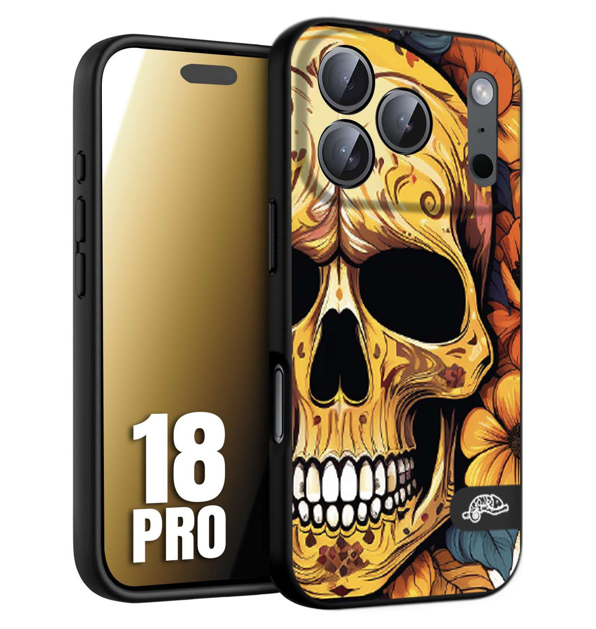 CUSTOMIZZA - Custodia cover nera morbida in tpu compatibile per iPhone 18 PRO teschio messicano colorato dorato fiori autunnali disegnato