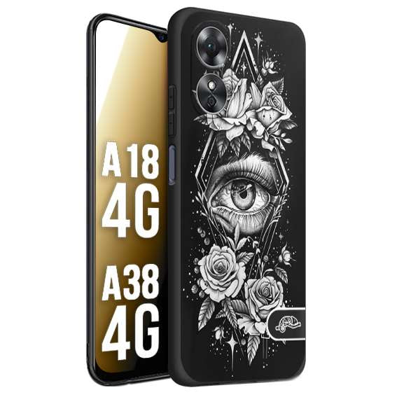 CUSTOMIZZA - Custodia cover nera morbida in tpu compatibile per Oppo A18 4G - A38 4G occhio fiori rombo geometrico black and white bianco a rilievo disegnato tattoo tatuaggio