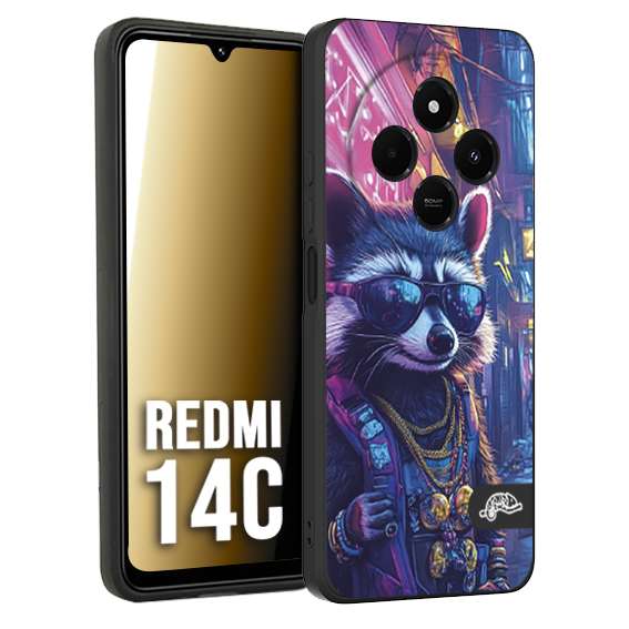 CUSTOMIZZA - Custodia cover nera morbida in tpu compatibile per Xiaomi Redmi 14C animali simpatici cyberpunk procione racoon street cat fucsia blu giallo