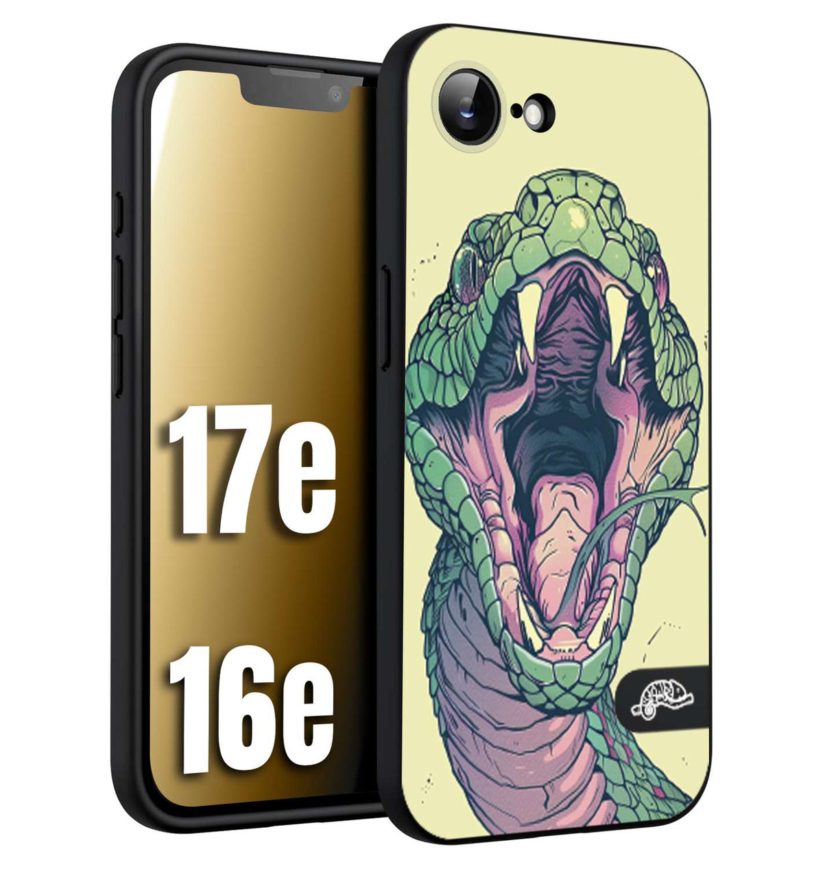 CUSTOMIZZA - Custodia cover nera morbida in tpu compatibile per iPhone 16E - 17E snake yellow green serpente tatuaggio tattoo disegnato a mano