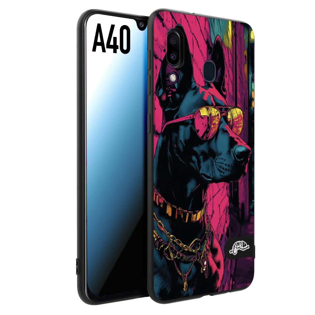 CUSTOMIZZA - Custodia cover nera morbida in tpu compatibile per Samsung A40 animali cyberpunk dobermann cane street dog fucsia blu