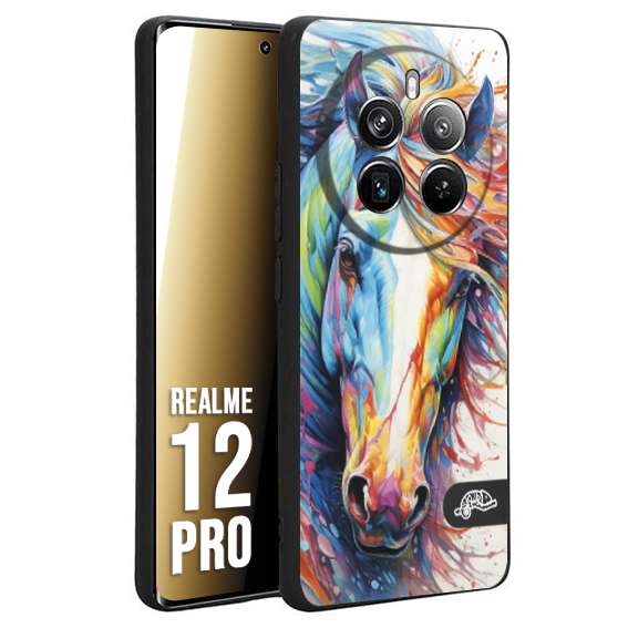 CUSTOMIZZA - Custodia cover nera morbida in tpu compatibile per Realme 12 PRO animali color cavallo horse viso colori vibranti disegnato schizzo
