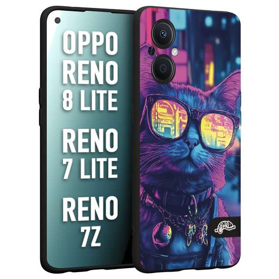 CUSTOMIZZA - Custodia cover nera morbida in tpu compatibile per Oppo Reno 7 Lite - 8 Lite - 7Z animali cyberpunk gatto street cat fucsia blu giallo