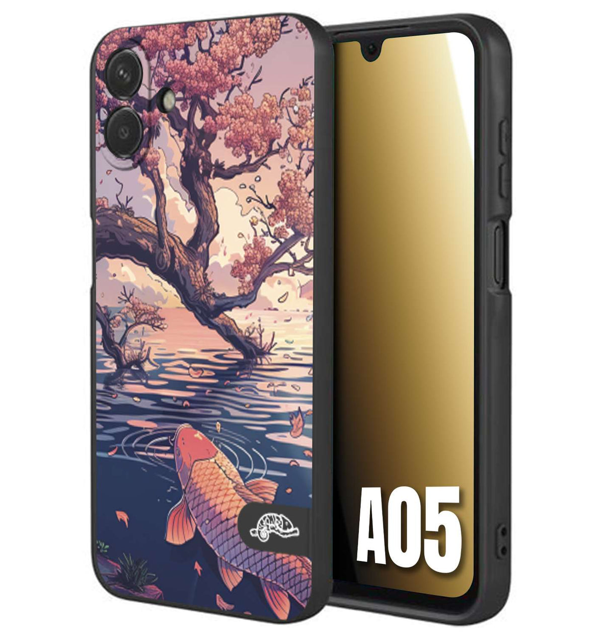 CUSTOMIZZA - Custodia cover nera morbida in tpu compatibile per Samsung A05 giapponese lago carpa koi rosa con foglie d'acero disegnata tattoo