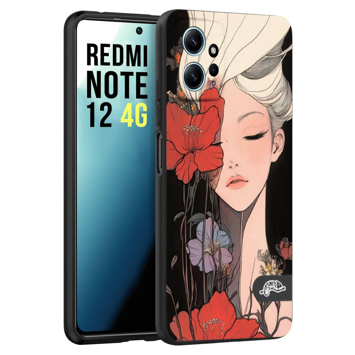 CUSTOMIZZA - Custodia cover nera morbida in tpu compatibile per Xiaomi Redmi Note 12 4G woman flower Fantasia Floreale Design Donna e Fiori, Retro Artistico