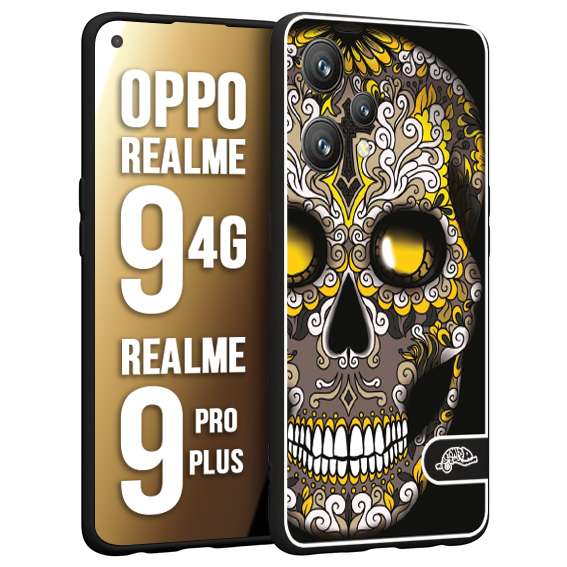 CUSTOMIZZA - Custodia cover nera morbida in tpu compatibile per Oppo Realme 9 4G - 9 PRO PLUS teschio messicano Mexican skull nero giallo