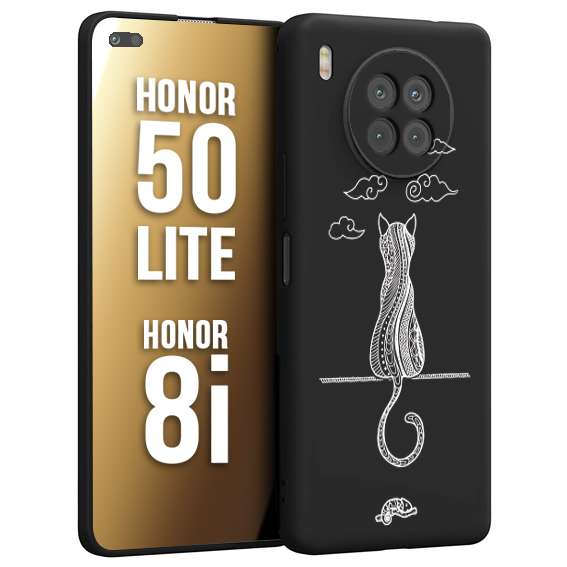 CUSTOMIZZA - Custodia cover nera morbida in tpu compatibile per Honor 8i - Honor 50 LITE gatto mandala stilizzato gattino a rilievo soft touch donna bianca