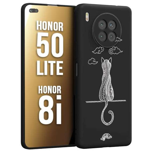 CUSTOMIZZA - Custodia cover nera morbida in tpu compatibile per Honor 8i - Honor 50 LITE gatto mandala stilizzato gattino a rilievo soft touch donna bianca