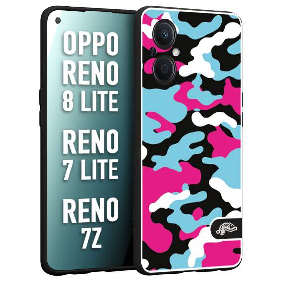 CUSTOMIZZA - Custodia cover nera morbida in tpu compatibile per Oppo Reno 7 Lite - 8 Lite - 7Z camouflage mimetico militare fucsia celeste