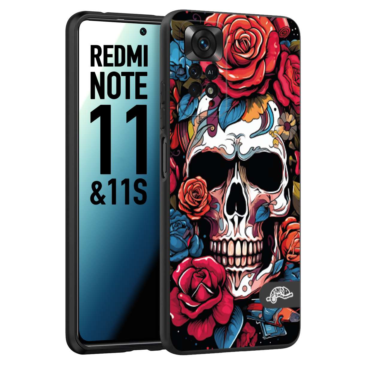CUSTOMIZZA - Custodia cover nera morbida in tpu compatibile per Xiaomi Redmi Note 11 - Note 11S teschio skull flowers fiori rose rosse tattoo disegnato