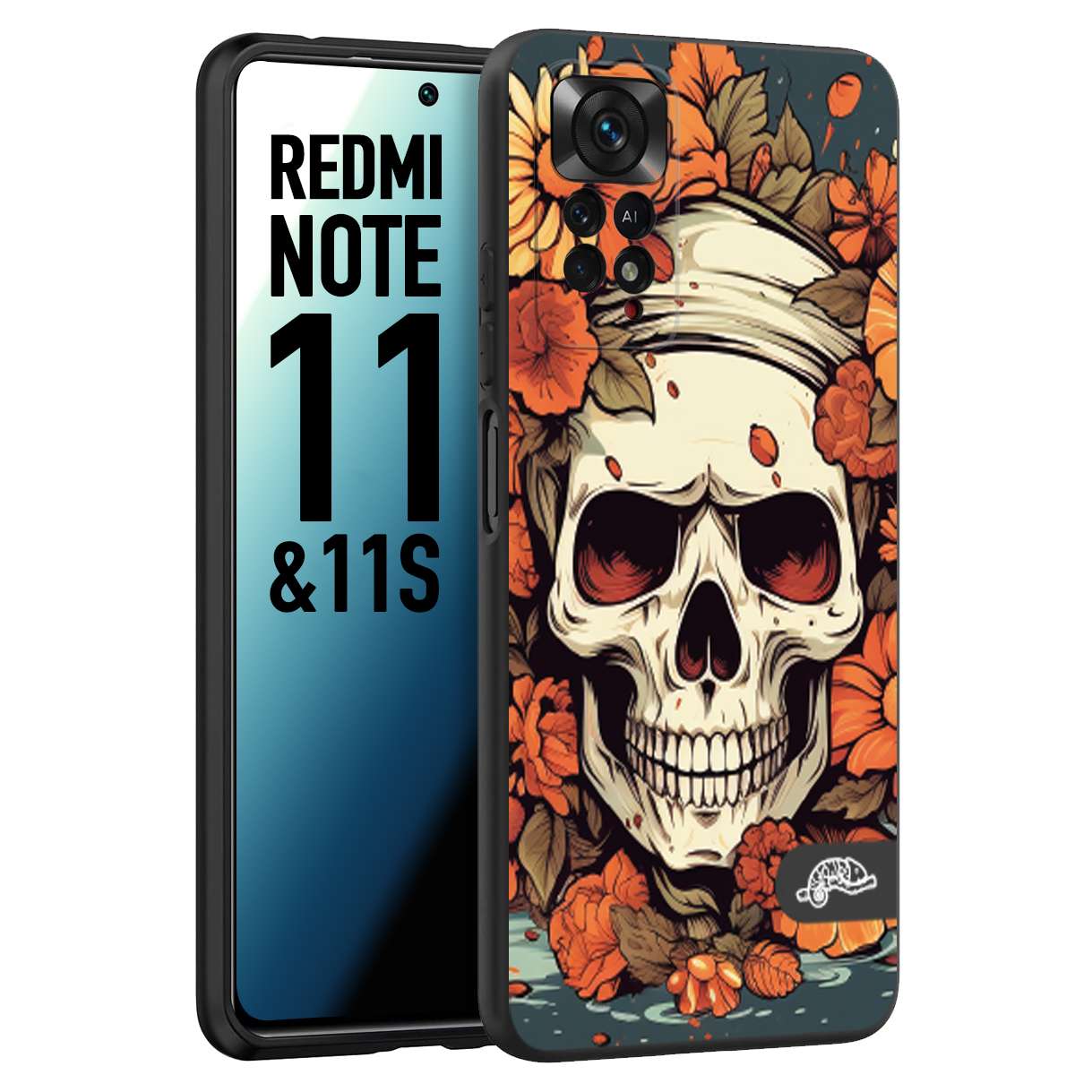 CUSTOMIZZA - Custodia cover nera morbida in tpu compatibile per Xiaomi Redmi Note 11 - Note 11S teschio skull flowers fiori tattoo disegnato alta definizione