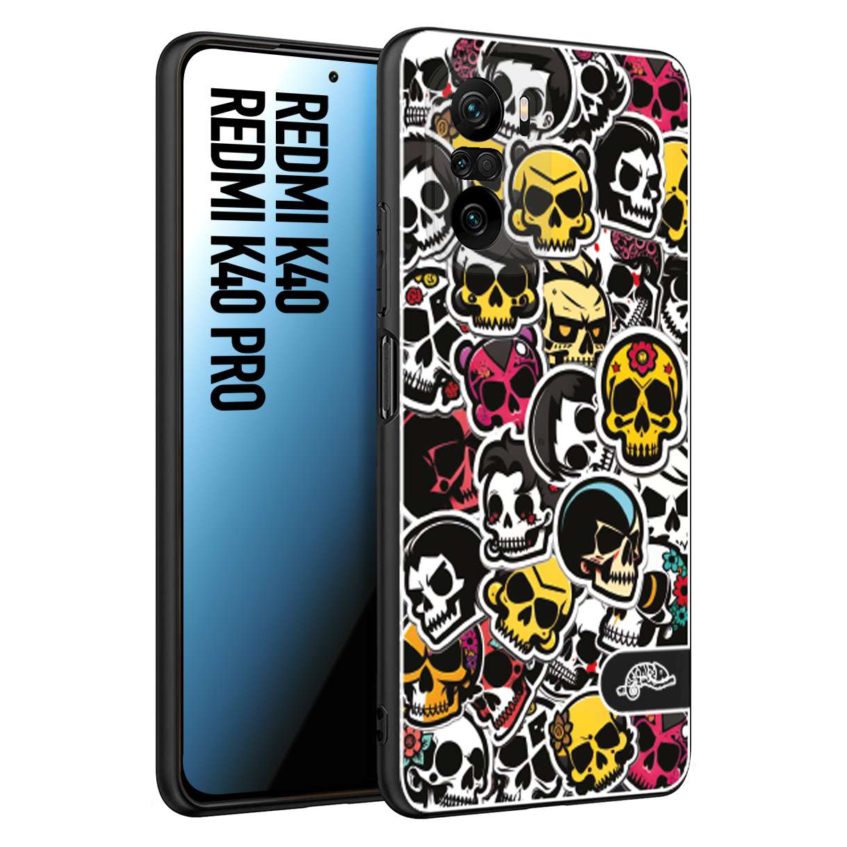 CUSTOMIZZA - Custodia cover nera morbida in tpu compatibile per Xiaomi Redmi K40 - K40 Pro sticker bomb teschi colorati adesivi skulls skater snowboard