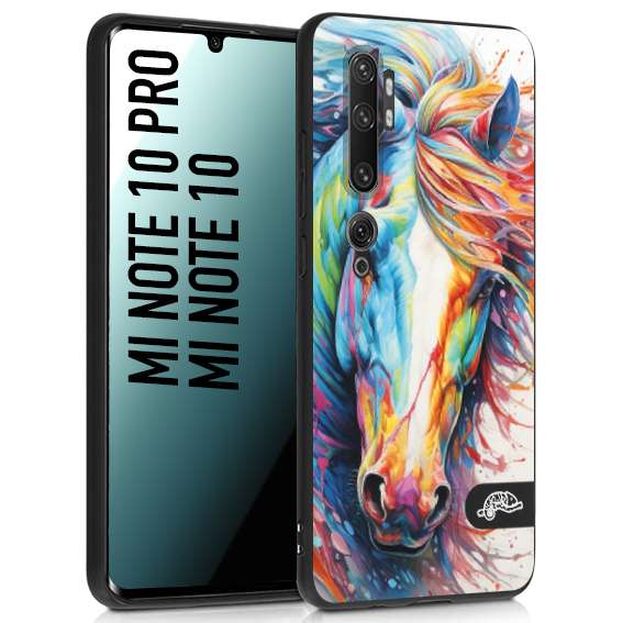 CUSTOMIZZA - Custodia cover nera morbida in tpu compatibile per Xiaomi Mi Note 10 - Mi Note 10 Pro animali color cavallo horse viso colori vibranti disegnato schizzo