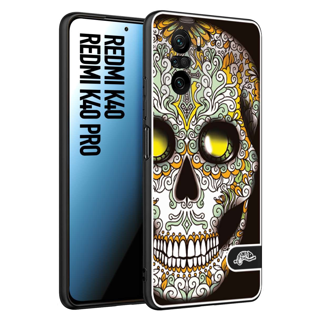 CUSTOMIZZA - Custodia cover nera morbida in tpu compatibile per Xiaomi Redmi K40 - K40 Pro teschio messicano Mexican skull bianco verde giallo