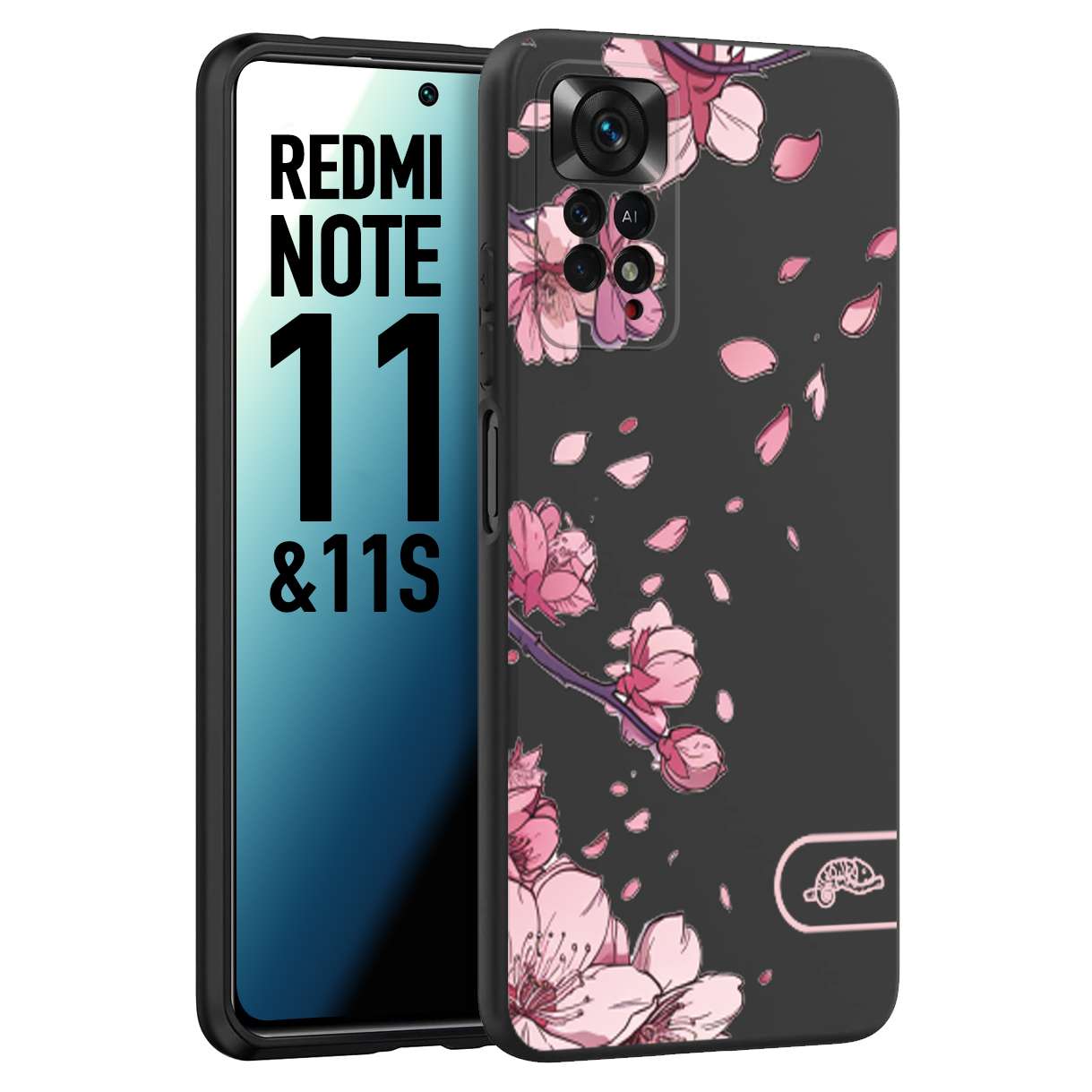 CUSTOMIZZA - Custodia cover nera morbida in tpu compatibile per Xiaomi Redmi Note 11 - Note 11S giapponese fiori di ciliegio in fiore a rilievo disegnata tattoo