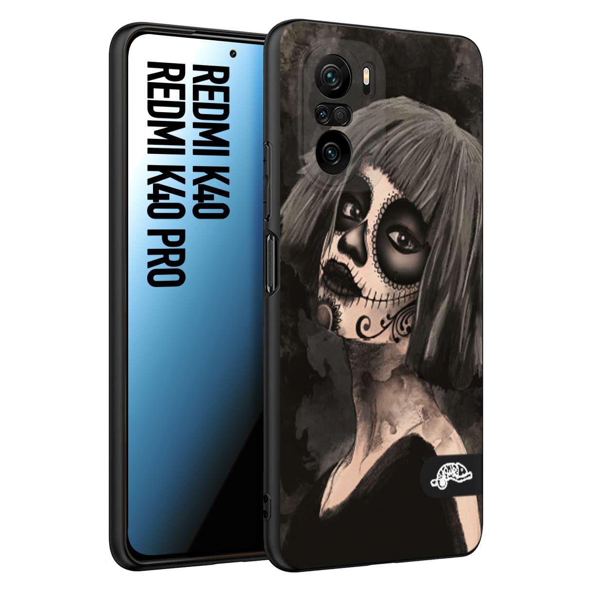 CUSTOMIZZA - Custodia cover nera morbida in tpu compatibile per Xiaomi Redmi K40 - K40 Pro chicana messicana dea de la muerte donna santa tattoo disegnata