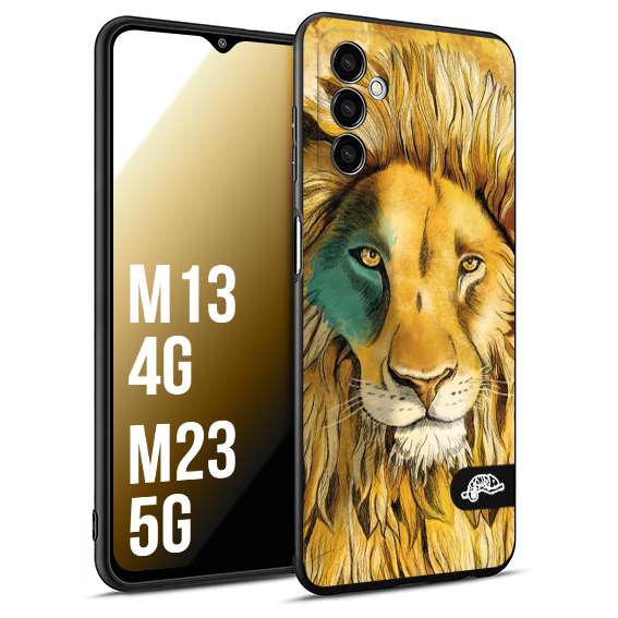 CUSTOMIZZA - Custodia cover nera morbida in tpu compatibile per Samsung M13 4G - M23 5G leone lion disegnato a mano giallo blu a rilievo artistico brown