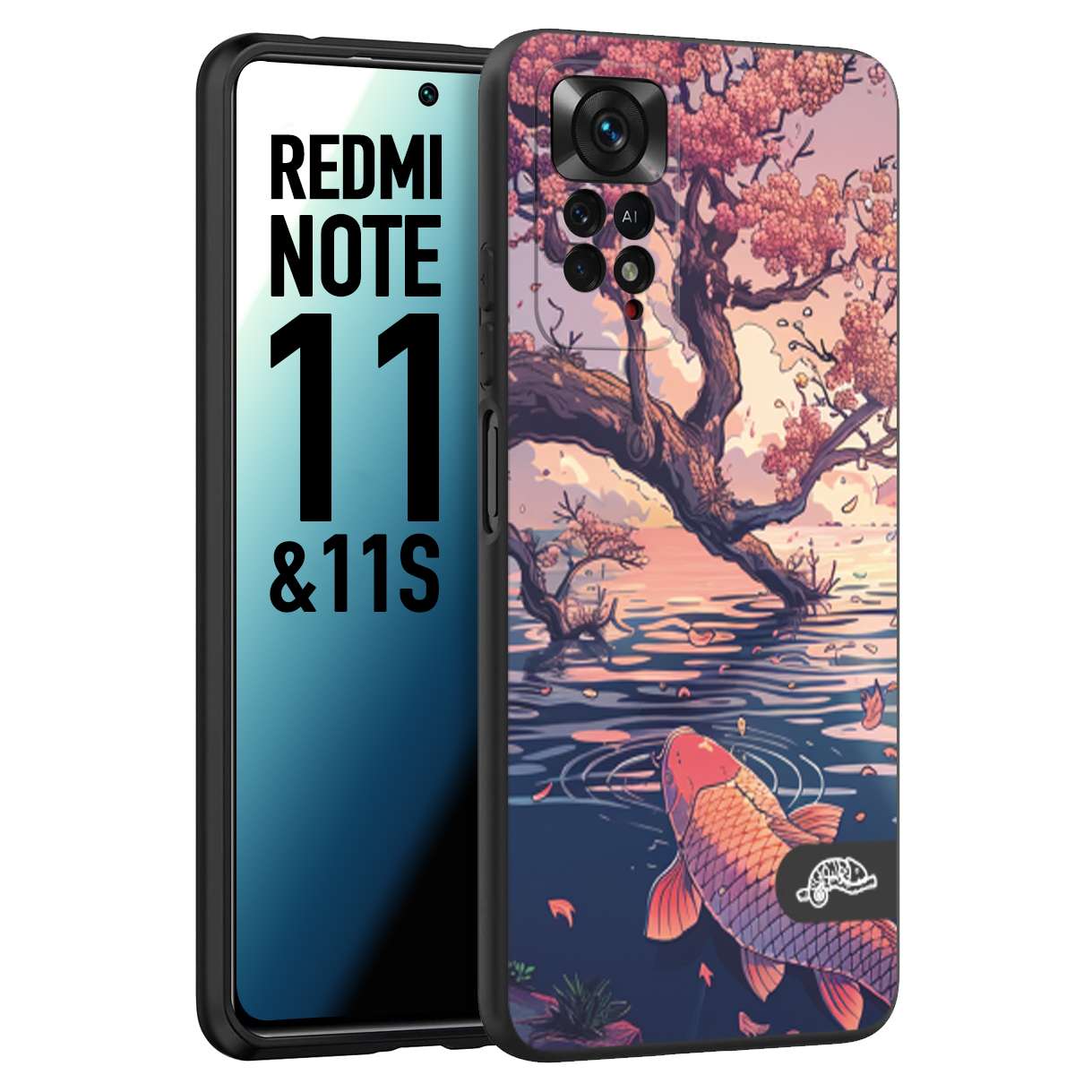 CUSTOMIZZA - Custodia cover nera morbida in tpu compatibile per Xiaomi Redmi Note 11 - Note 11S giapponese lago carpa koi rosa con foglie d'acero disegnata tattoo