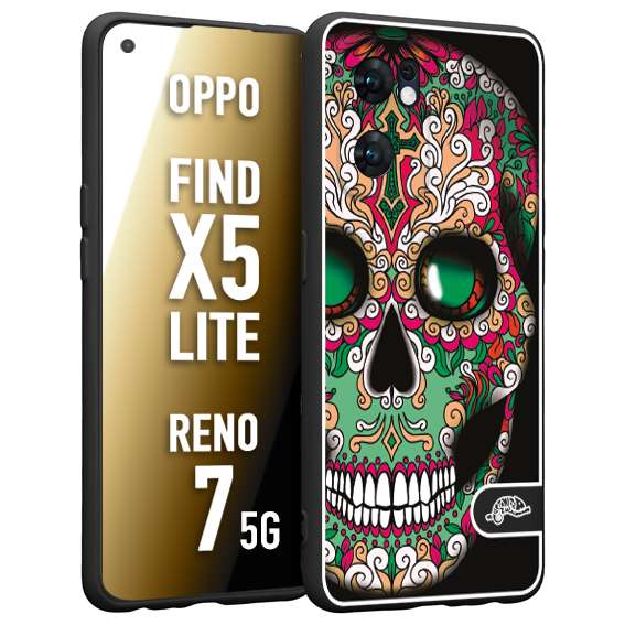 CUSTOMIZZA - Custodia cover nera morbida in tpu compatibile per Oppo Reno 7 - Find X5 LITE teschio messicano Mexican skull verde fucsia