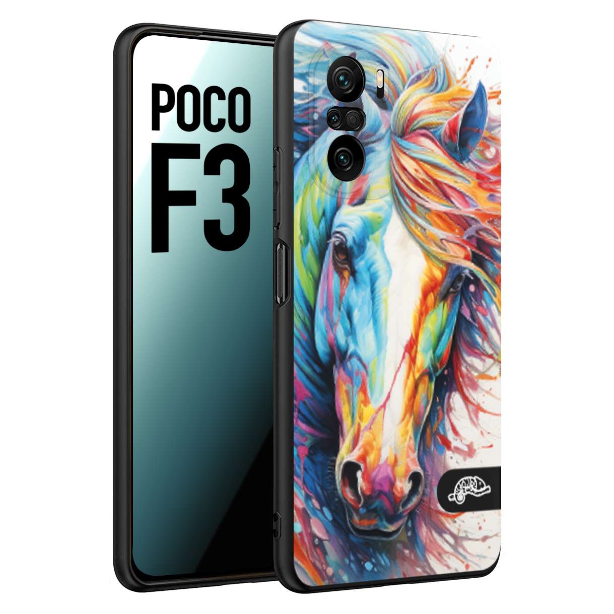 CUSTOMIZZA - Custodia cover nera morbida in tpu compatibile per Xiaomi Poco F3 animali color cavallo horse viso colori vibranti disegnato schizzo
