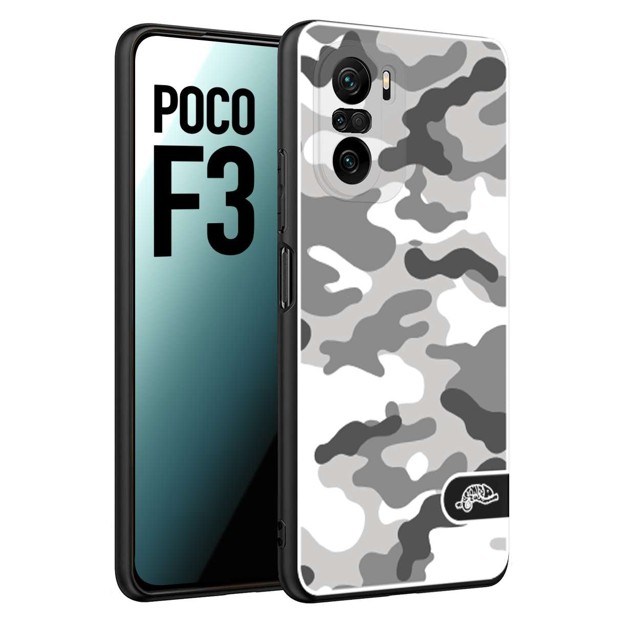 CUSTOMIZZA - Custodia cover nera morbida in tpu compatibile per Xiaomi Poco F3 camouflage mimetico militare bianco white