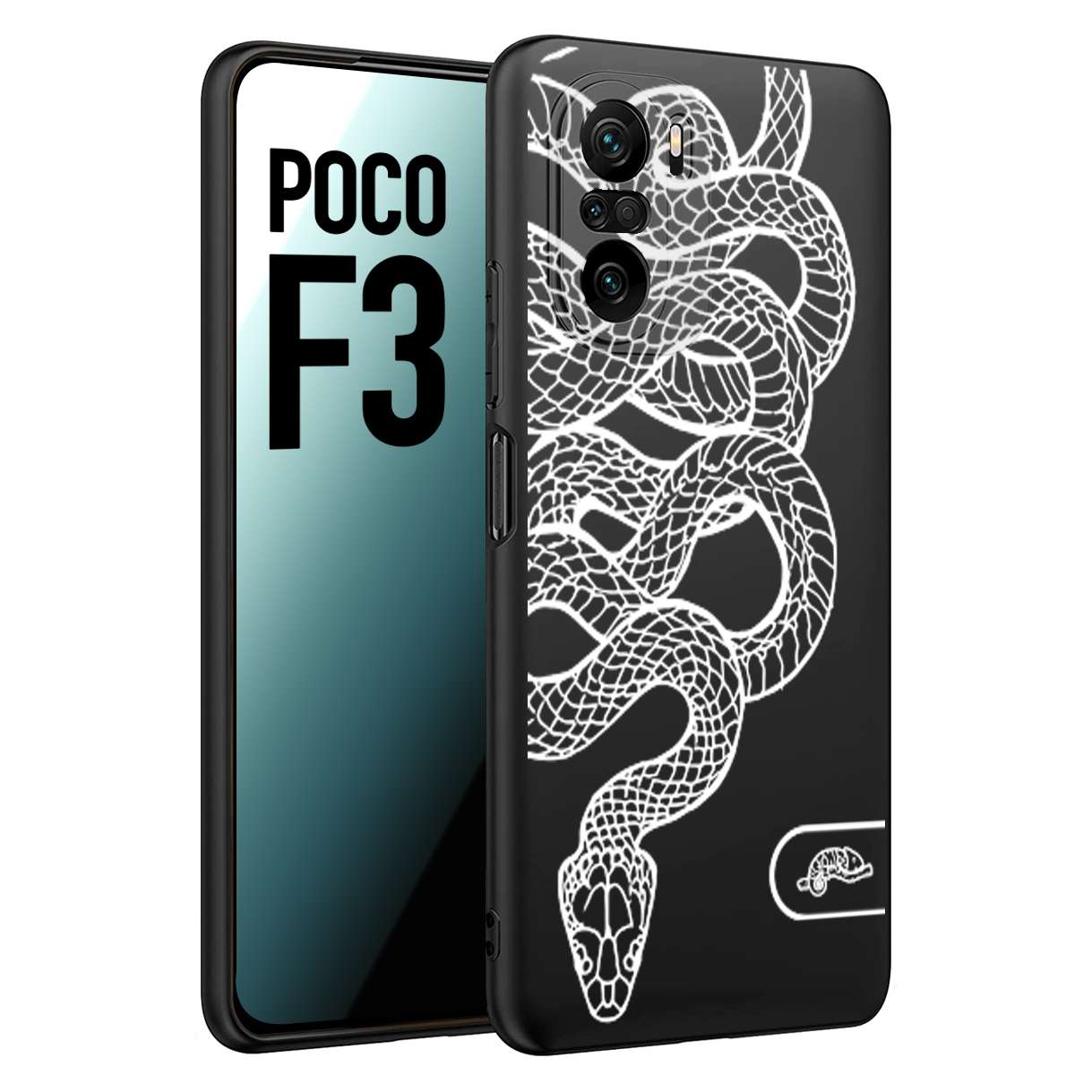 CUSTOMIZZA - Custodia cover nera morbida in tpu compatibile per Xiaomi Poco F3 serpente snake bianco a rilievo disegnato tattoo tatuaggio