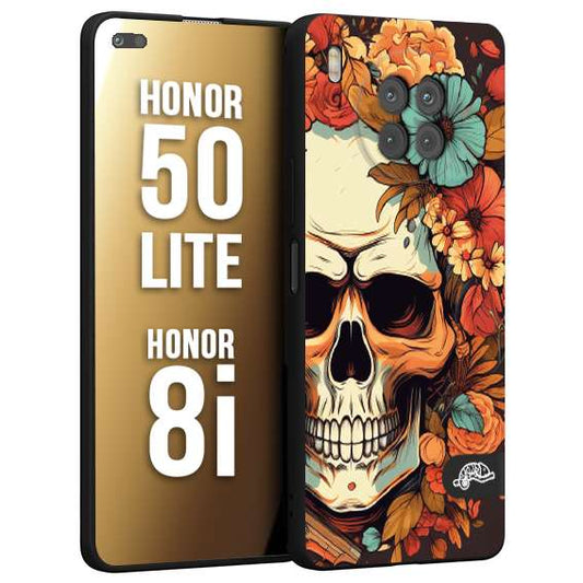 CUSTOMIZZA - Custodia cover nera morbida in tpu compatibile per Honor 8i - Honor 50 LITE teschio skull flowers fiori autunnali arancio celeste tattoo