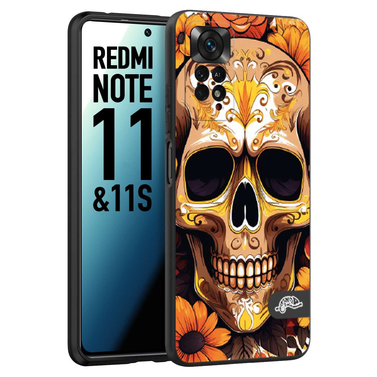 CUSTOMIZZA - Custodia cover nera morbida in tpu compatibile per Xiaomi Redmi Note 11 - Note 11S teschio messicano colorato dorato fiori tattoo disegnato