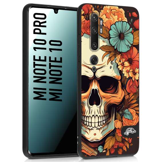 CUSTOMIZZA - Custodia cover nera morbida in tpu compatibile per Xiaomi Mi Note 10 - Mi Note 10 Pro teschio skull flowers fiori autunnali arancio celeste tattoo