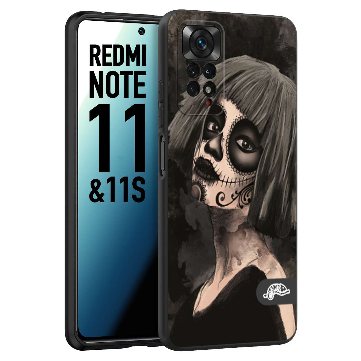 CUSTOMIZZA - Custodia cover nera morbida in tpu compatibile per Xiaomi Redmi Note 11 - Note 11S chicana messicana dea de la muerte donna santa tattoo disegnata