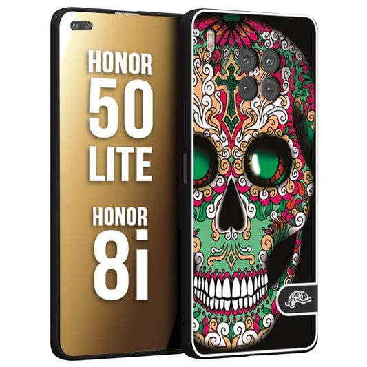 CUSTOMIZZA - Custodia cover nera morbida in tpu compatibile per Honor 8i - Honor 50 LITE teschio messicano Mexican skull verde fucsia