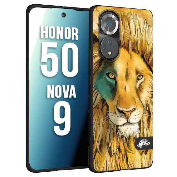 CUSTOMIZZA - Custodia cover nera morbida in tpu compatibile per Huawei Nova 9 - Honor 50 leone lion disegnato a mano giallo blu a rilievo artistico brown