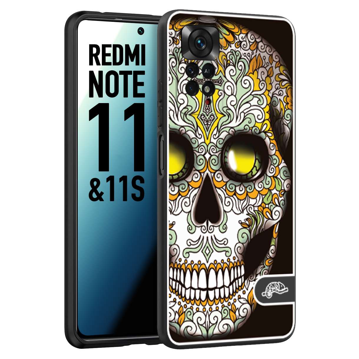 CUSTOMIZZA - Custodia cover nera morbida in tpu compatibile per Xiaomi Redmi Note 11 - Note 11S teschio messicano Mexican skull bianco verde giallo