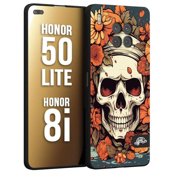 CUSTOMIZZA - Custodia cover nera morbida in tpu compatibile per Honor 8i - Honor 50 LITE teschio skull flowers fiori tattoo disegnato alta definizione