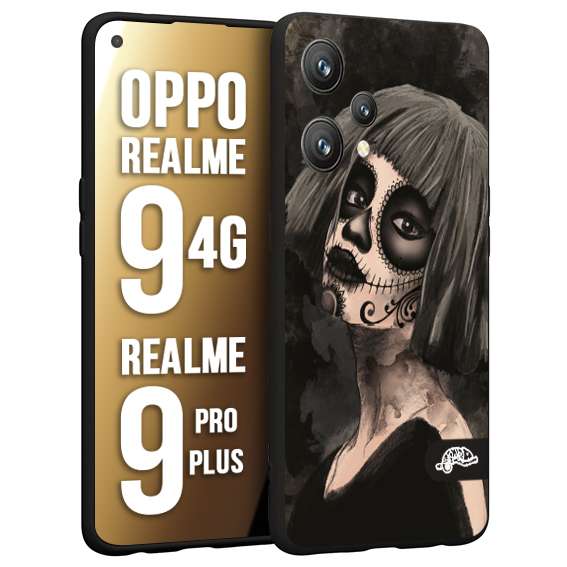 CUSTOMIZZA - Custodia cover nera morbida in tpu compatibile per Oppo Realme 9 4G - 9 PRO PLUS chicana messicana dea de la muerte donna santa tattoo disegnata
