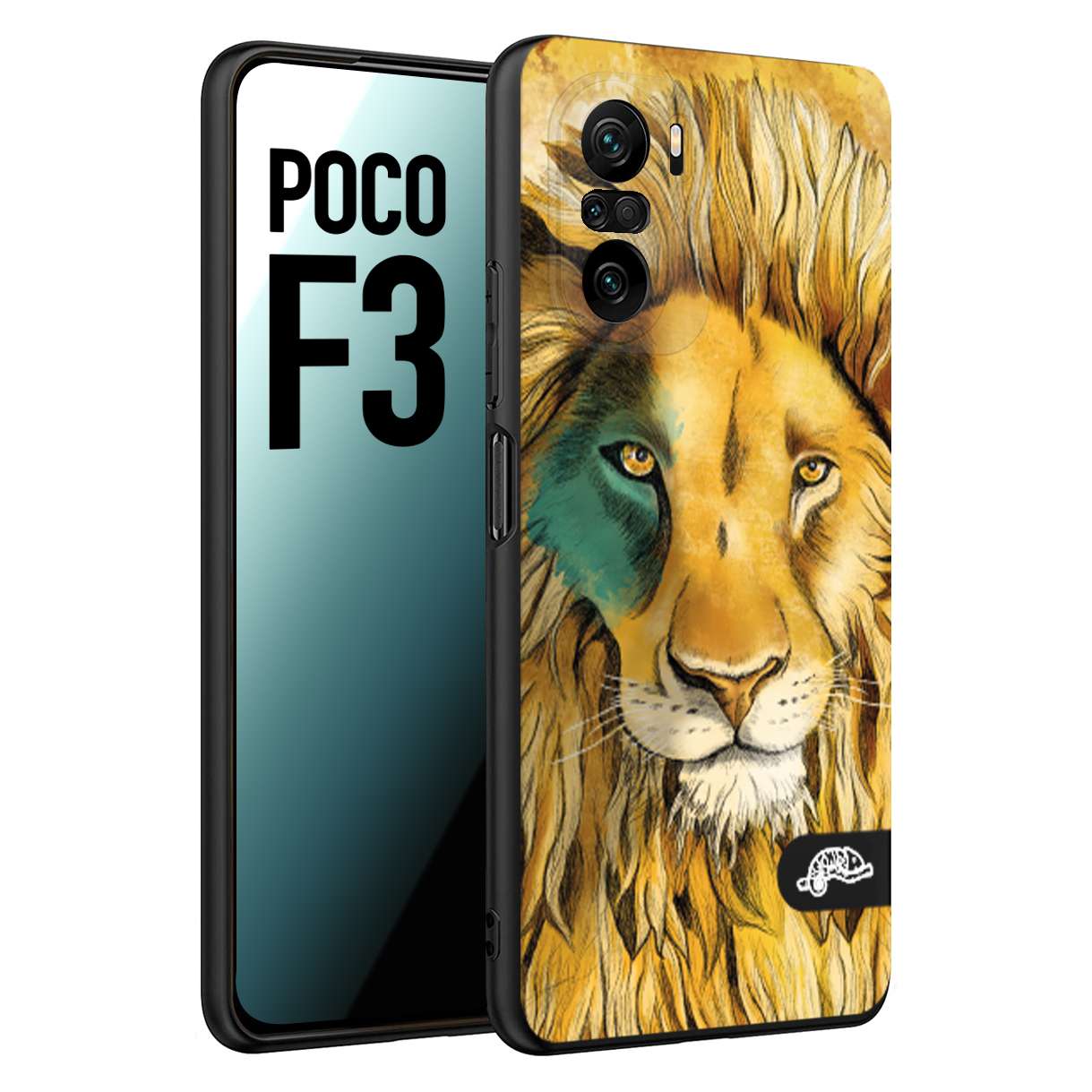 CUSTOMIZZA - Custodia cover nera morbida in tpu compatibile per Xiaomi Poco F3 leone lion disegnato a mano giallo blu a rilievo artistico brown