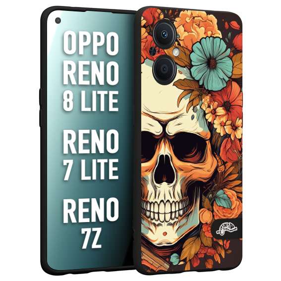 CUSTOMIZZA - Custodia cover nera morbida in tpu compatibile per Oppo Reno 7 Lite - 8 Lite - 7Z teschio skull flowers fiori autunnali arancio celeste tattoo