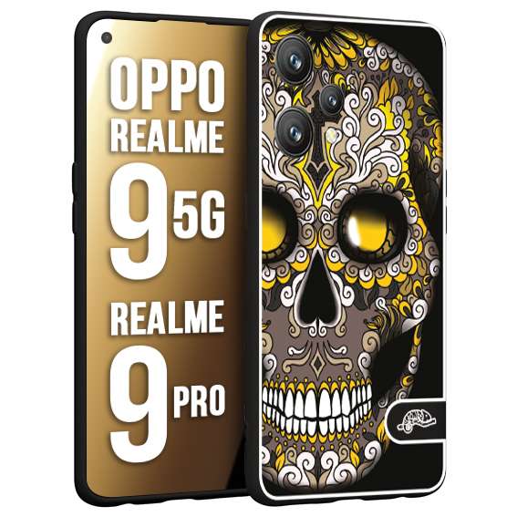 CUSTOMIZZA - Custodia cover nera morbida in tpu compatibile per Oppo Realme 9 5G - 9 PRO teschio messicano Mexican skull nero giallo