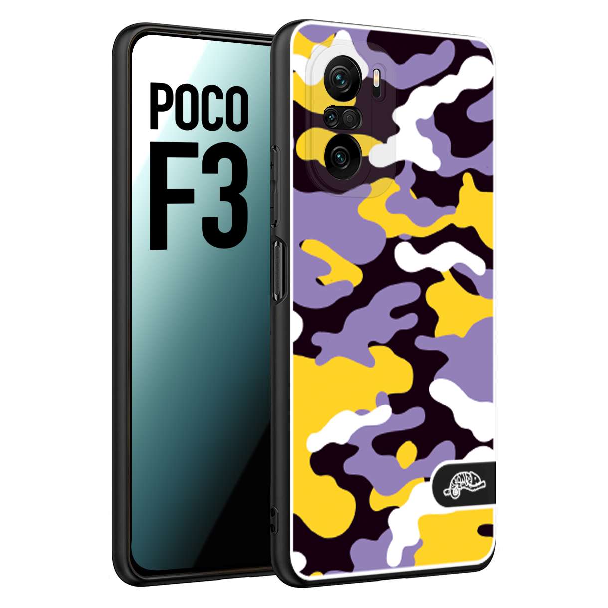 CUSTOMIZZA - Custodia cover nera morbida in tpu compatibile per Xiaomi Poco F3 camouflage mimetico militare viola lilla giallo