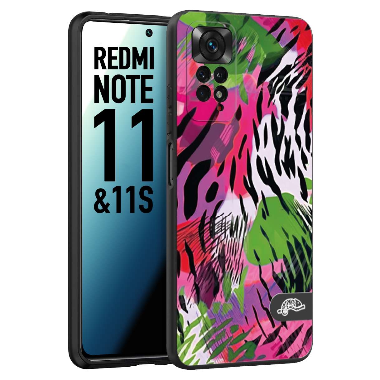 CUSTOMIZZA - Custodia cover nera morbida in tpu compatibile per Xiaomi Redmi Note 11 - Note 11S leopardato tigrato tiger colorata summer color verde fucsia