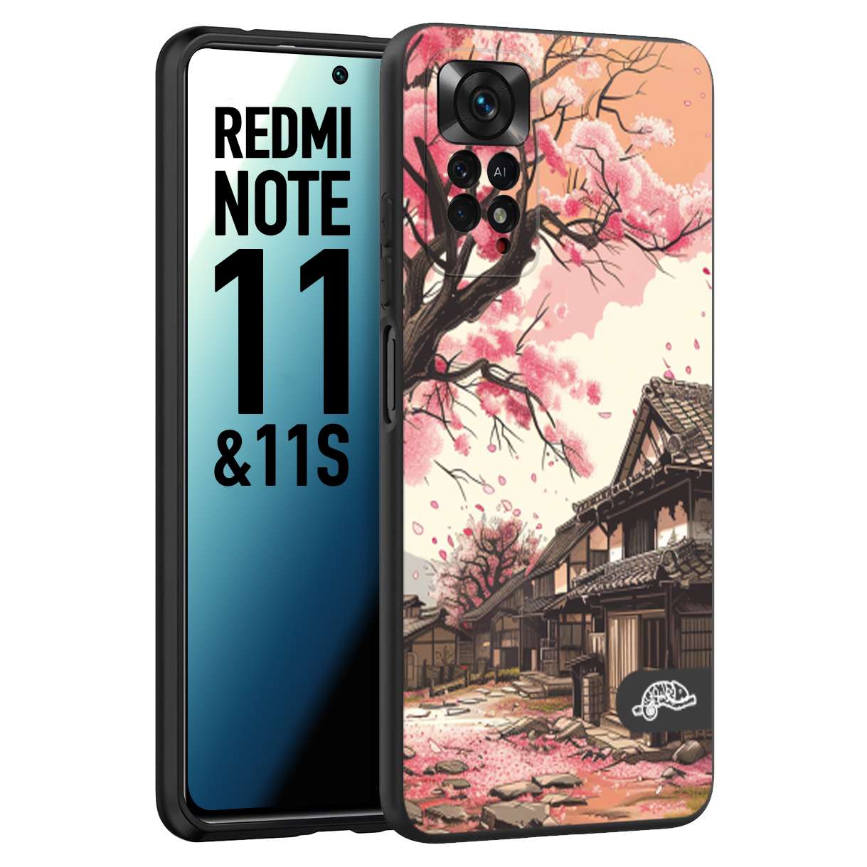 CUSTOMIZZA - Custodia cover nera morbida in tpu compatibile per Xiaomi Redmi Note 11 - Note 11S casa giapponese rosa ciliegio in fiore disegnata tattoo