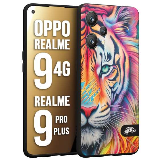 CUSTOMIZZA - Custodia cover nera morbida in tpu compatibile per Oppo Realme 9 4G - 9 PRO PLUS animali color tigre tiger viso colori vibranti disegnato schizzo
